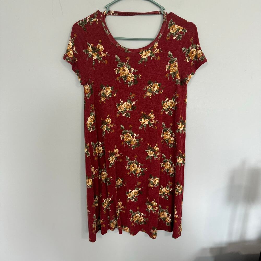 Forever 21 Floral Plunging Back Mini Dress Women's Size Small Red w/ Flowers